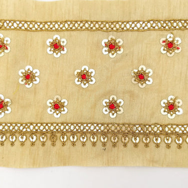 Beige Silk Trim In Red and Gold Sequins Floral Embroidery, Indian Sari Border Trim By Yard Decorative Trim Craft Lace